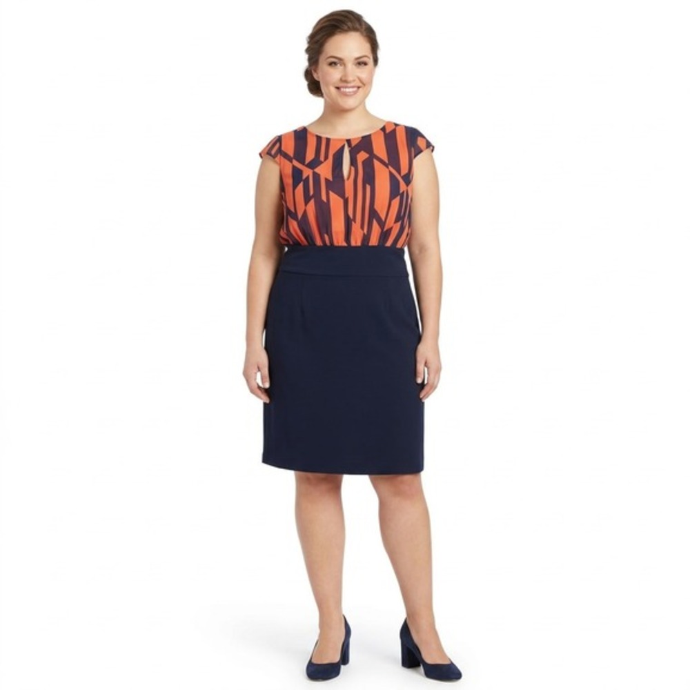 MNG by Mango Coral Navy Geometric Colorblock Sheath Dress Women's Size L